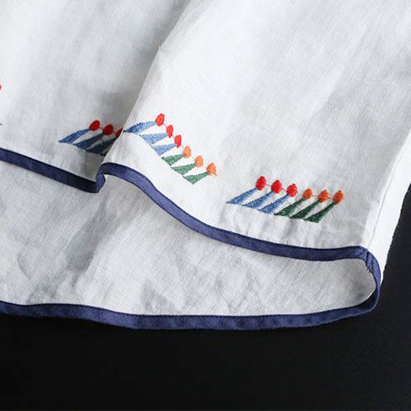 Buddha Stones Retro Künstlerische Stickerei Blumenmuster Rundhals Damen Baumwolle Leinen Kurzarm T-Shirt - image 7