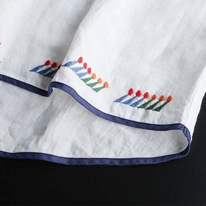 Buddha Stones Retro Künstlerische Stickerei Blumenmuster Rundhals Damen Baumwolle Leinen Kurzarm T-Shirt - image 7