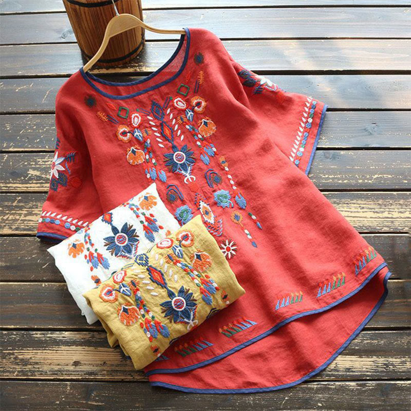 Buddha Stones Retro Künstlerische Stickerei Blumenmuster Rundhals Damen Baumwolle Leinen Kurzarm T-Shirt - image 17