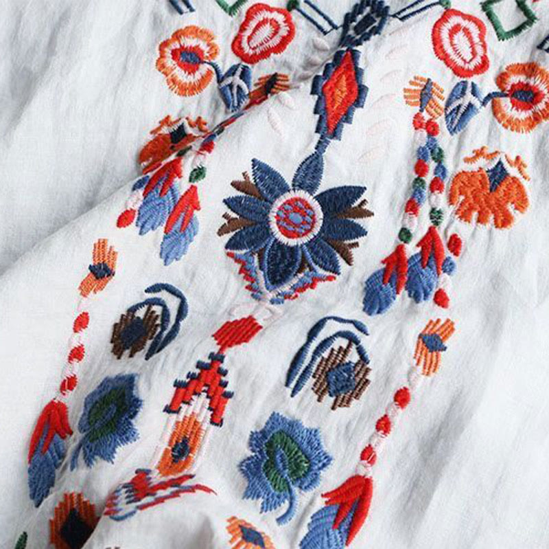 Buddha Stones Retro Künstlerische Stickerei Blumenmuster Rundhals Damen Baumwolle Leinen Kurzarm T-Shirt - image 6