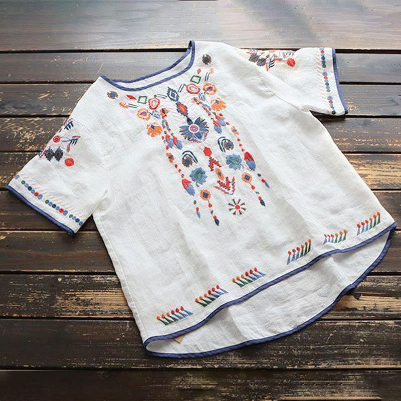 Buddha Stones Retro Künstlerische Stickerei Blumenmuster Rundhals Damen Baumwolle Leinen Kurzarm T-Shirt - image 2