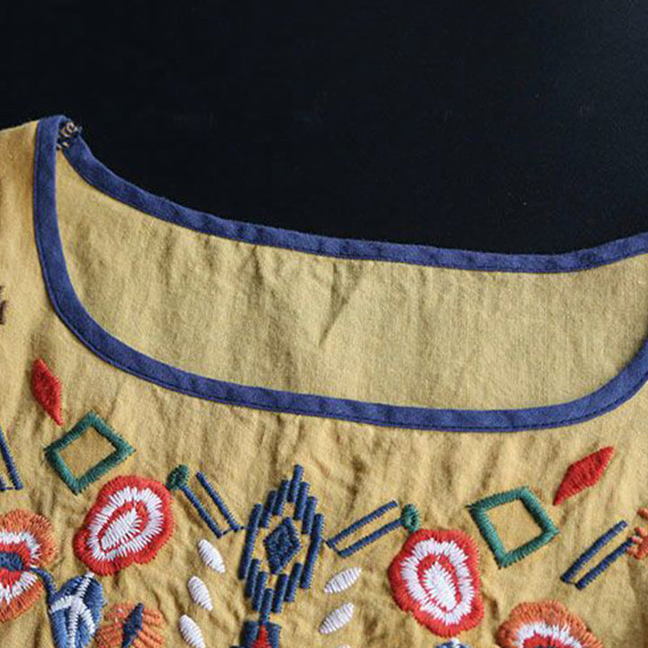 Buddha Stones Retro Künstlerische Stickerei Blumenmuster Rundhals Damen Baumwolle Leinen Kurzarm T-Shirt - image 14