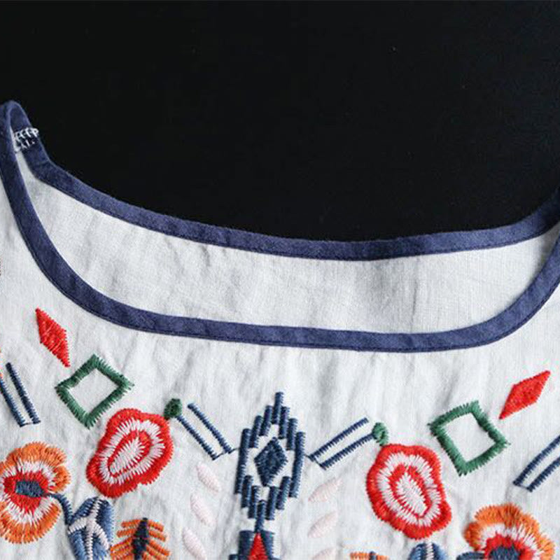 Buddha Stones Retro Künstlerische Stickerei Blumenmuster Rundhals Damen Baumwolle Leinen Kurzarm T-Shirt - image 3