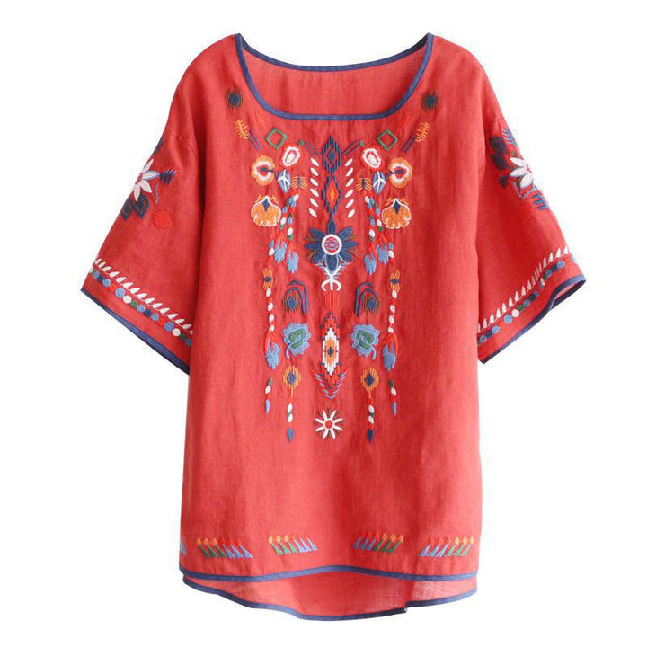 Buddha Stones Retro Künstlerische Stickerei Blumenmuster Rundhals Damen Baumwolle Leinen Kurzarm T-Shirt - image 12