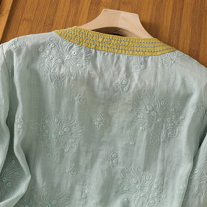 Buddha Stones Sommer Vintage Stickerei Pflanze Blumen Schnürdesign V-Ausschnitt Damen Baumwoll-Leinen-Shirt - image 20