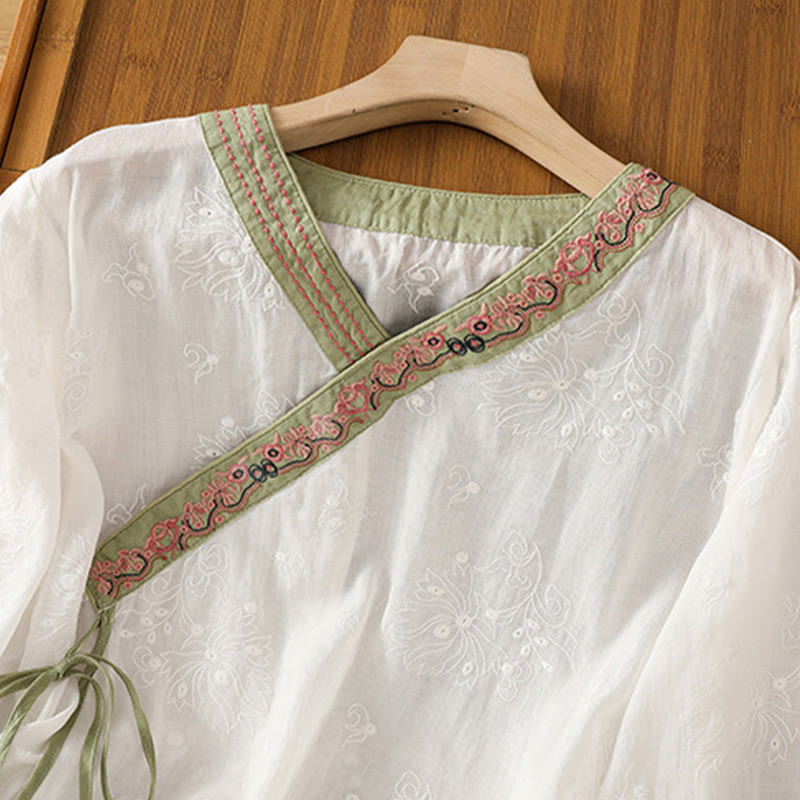 Buddha Stones Sommer Vintage Stickerei Pflanze Blumen Schnürdesign V-Ausschnitt Damen Baumwoll-Leinen-Shirt - image 9