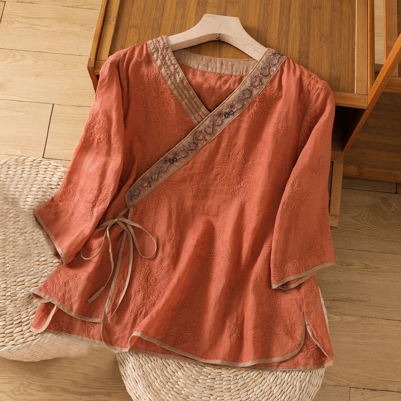 Buddha Stones Sommer Vintage Stickerei Pflanze Blumen Schnürdesign V-Ausschnitt Damen Baumwoll-Leinen-Shirt - Orangerot - US8-10, UK/AU12-14, EU40-42 (2XL) - image 0
