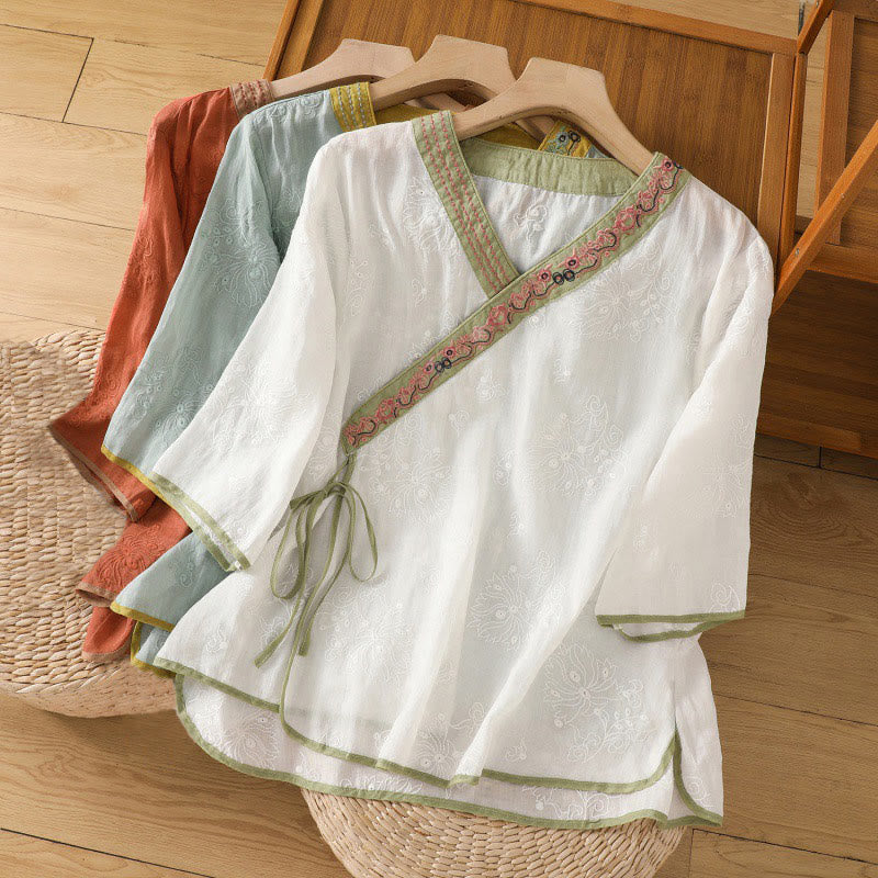 Buddha Stones Sommer Vintage Stickerei Pflanze Blumen Schnürdesign V-Ausschnitt Damen Baumwoll-Leinen-Shirt - image 25