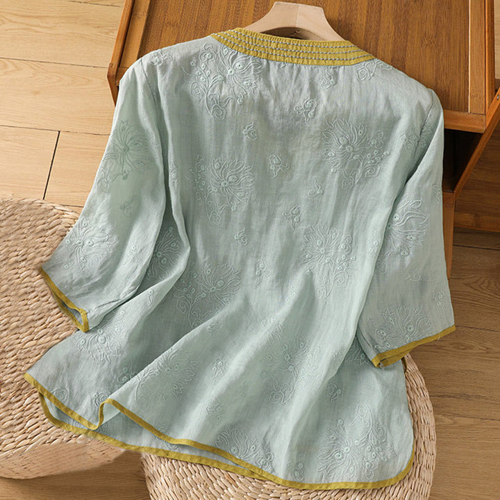 Buddha Stones Sommer Vintage Stickerei Pflanze Blumen Schnürdesign V-Ausschnitt Damen Baumwoll-Leinen-Shirt - image 18