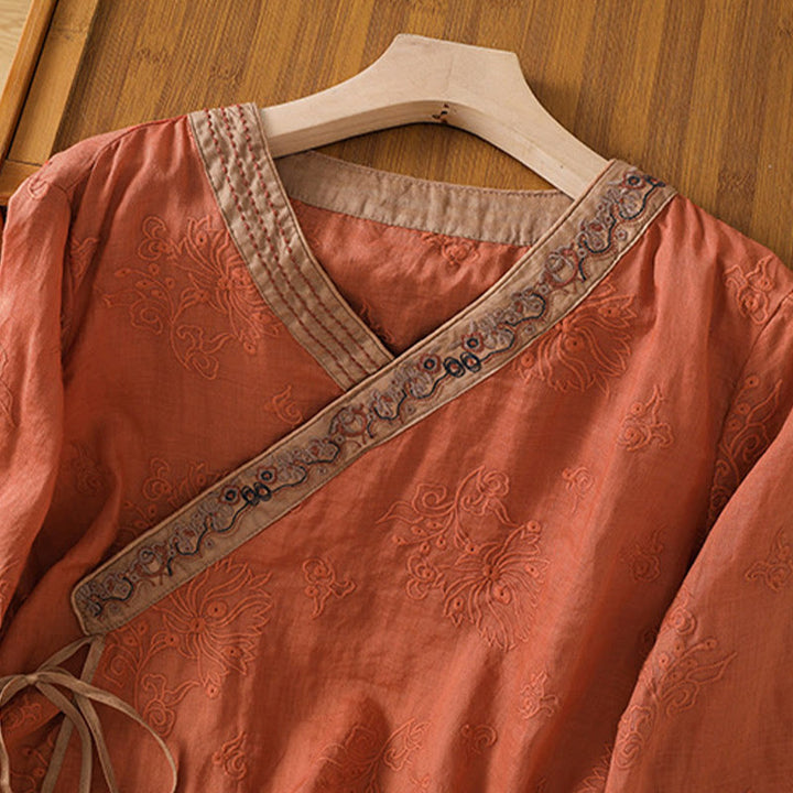 Buddha Stones Sommer Vintage Stickerei Pflanze Blumen Schnürdesign V-Ausschnitt Damen Baumwoll-Leinen-Shirt - image 3