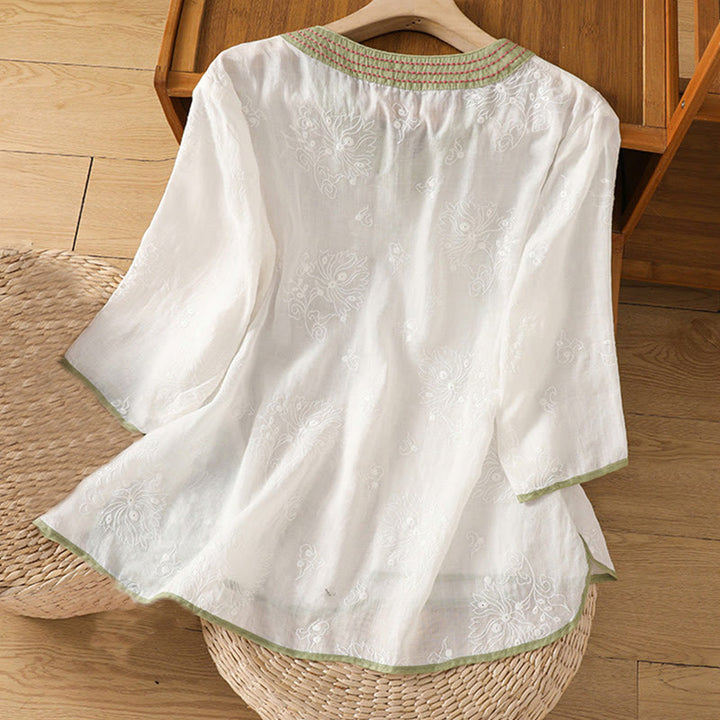 Buddha Stones Sommer Vintage Stickerei Pflanze Blumen Schnürdesign V-Ausschnitt Damen Baumwoll-Leinen-Shirt - image 8