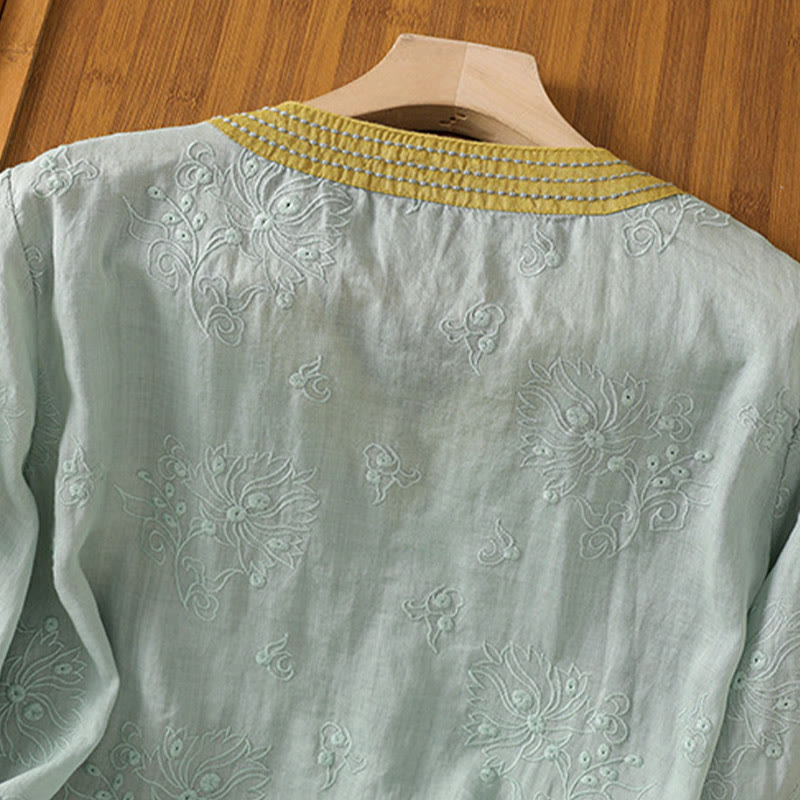 Buddha Stones Sommer Vintage Stickerei Pflanze Blumen Schnürdesign V-Ausschnitt Damen Baumwoll-Leinen-Shirt - image 21