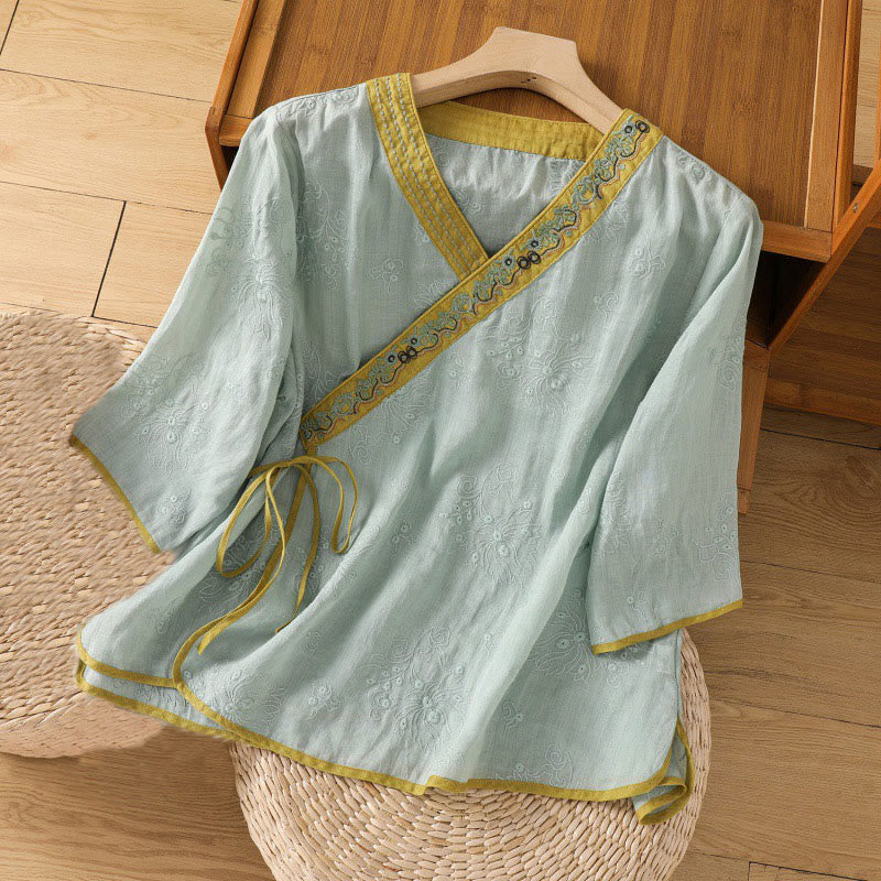 Buddha Stones Sommer Vintage Stickerei Pflanze Blumen Schnürdesign V-Ausschnitt Damen Baumwoll-Leinen-Shirt - Mitteltürkis - US8-10， UK/AU12-14，EU40-42 (2XL) - image 18