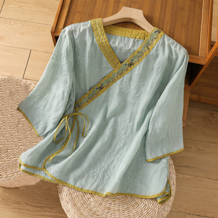 Buddha Stones Sommer Vintage Stickerei Pflanze Blumen Schnürdesign V-Ausschnitt Damen Baumwoll-Leinen-Shirt - Mitteltürkis - US8-10， UK/AU12-14，EU40-42 (2XL) - image 18