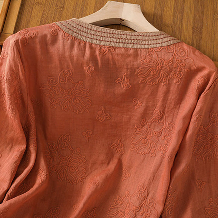 Buddha Stones Sommer Vintage Stickerei Pflanze Blumen Schnürdesign V-Ausschnitt Damen Baumwoll-Leinen-Shirt - image 4