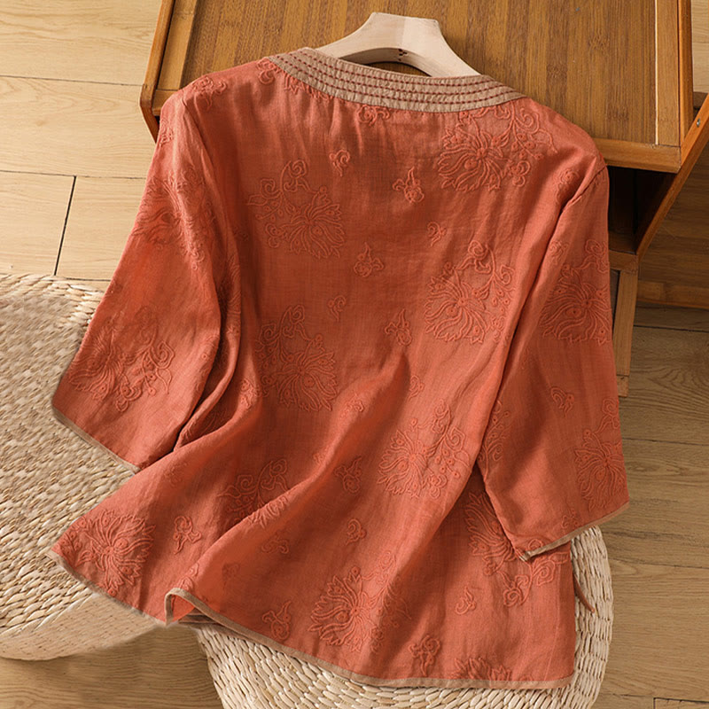 Buddha Stones Sommer Vintage Stickerei Pflanze Blumen Schnürdesign V-Ausschnitt Damen Baumwoll-Leinen-Shirt - image 1