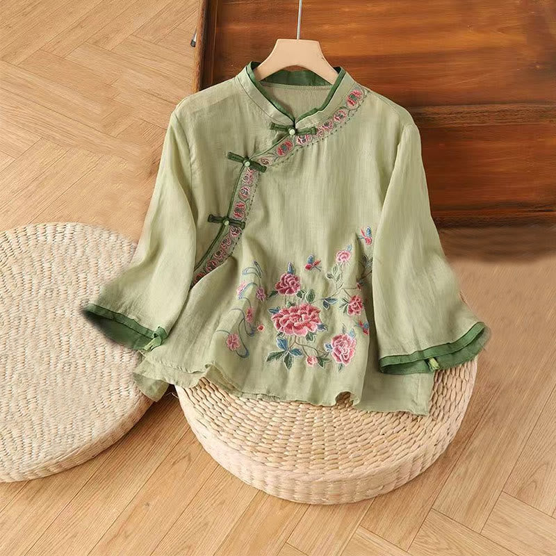 Buddha Stones, Vintage-Zen-Stickerei, Pflanzen-Blumenmuster, chinesisches Frosch-Knopf-Design, Dreiviertelärmel, Damen-Baumwoll-Leinen-Shirt - Hellgrün - US14， UK/AU18，EU46 (4XL) - image 0