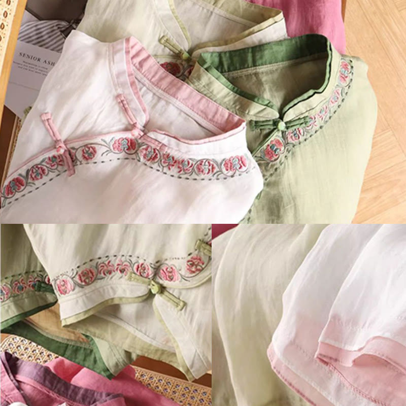 Buddha Stones, Vintage-Zen-Stickerei, Pflanzen-Blumenmuster, chinesisches Frosch-Knopf-Design, Dreiviertelärmel, Damen-Baumwoll-Leinen-Shirt - image 7