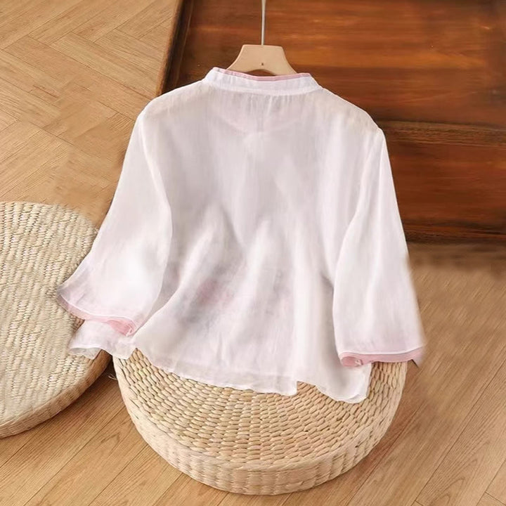 Buddha Stones, Vintage-Zen-Stickerei, Pflanzen-Blumenmuster, chinesisches Frosch-Knopf-Design, Dreiviertelärmel, Damen-Baumwoll-Leinen-Shirt - image 2