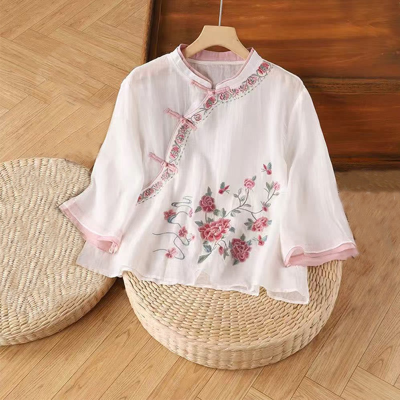 Buddha Stones, Vintage-Zen-Stickerei, Pflanzen-Blumenmuster, chinesisches Frosch-Knopf-Design, Dreiviertelärmel, Damen-Baumwoll-Leinen-Shirt - LavenderBlush - US14， UK/AU18，EU46 (4XL) - image 1
