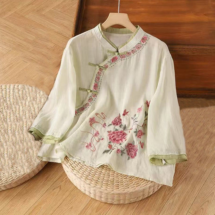 Buddha Stones, Vintage-Zen-Stickerei, Pflanzen-Blumenmuster, chinesisches Frosch-Knopf-Design, Dreiviertelärmel, Damen-Baumwoll-Leinen-Shirt - Hellgelb - US12, UK/AU16, EU44 (4XL) - image 3