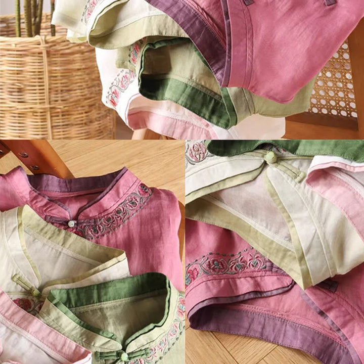 Buddha Stones, Vintage-Zen-Stickerei, Pflanzen-Blumenmuster, chinesisches Frosch-Knopf-Design, Dreiviertelärmel, Damen-Baumwoll-Leinen-Shirt - image 8