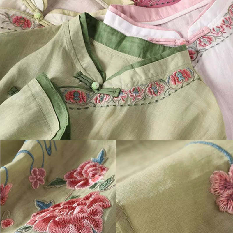 Buddha Stones, Vintage-Zen-Stickerei, Pflanzen-Blumenmuster, chinesisches Frosch-Knopf-Design, Dreiviertelärmel, Damen-Baumwoll-Leinen-Shirt - image 5