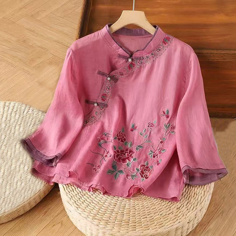 Buddha Stones, Vintage-Zen-Stickerei, Pflanzen-Blumenmuster, chinesisches Frosch-Knopf-Design, Dreiviertelärmel, Damen-Baumwoll-Leinen-Shirt - MittelViolettRot - US14， UK/AU18，EU46 (4XL) - image 4