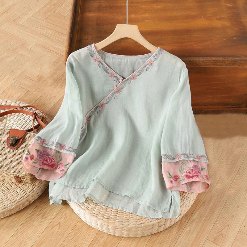 Buddha Stones Spring Retro Stickerei Knopf Design Dreiviertelärmel Damen Baumwollhemd - PowderBlue - US14， UK/AU18，EU46 (4XL) - image 4