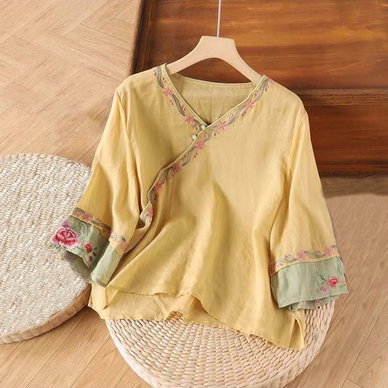 Buddha Stones Spring Retro Stickerei Knopf Design Dreiviertelärmel Damen Baumwollhemd - Khaki - US14， UK/AU18，EU46 (4XL) - image 5