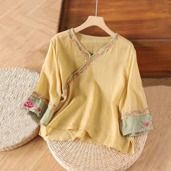 Buddha Stones Spring Retro Stickerei Knopf Design Dreiviertelärmel Damen Baumwollhemd - Khaki - US14， UK/AU18，EU46 (4XL) - image 5