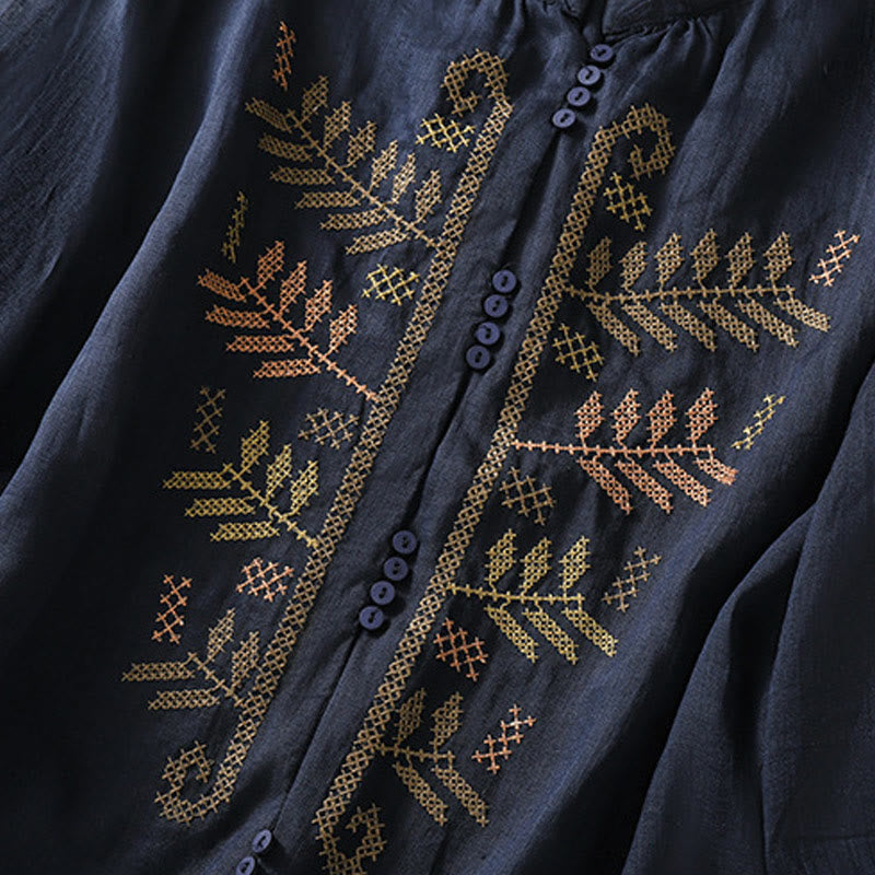 Buddha Stones Lässige künstlerische Stickerei Blättermuster Damen Baumwolle Leinen Dreiviertelärmel Hemd Strickjacke - image 12