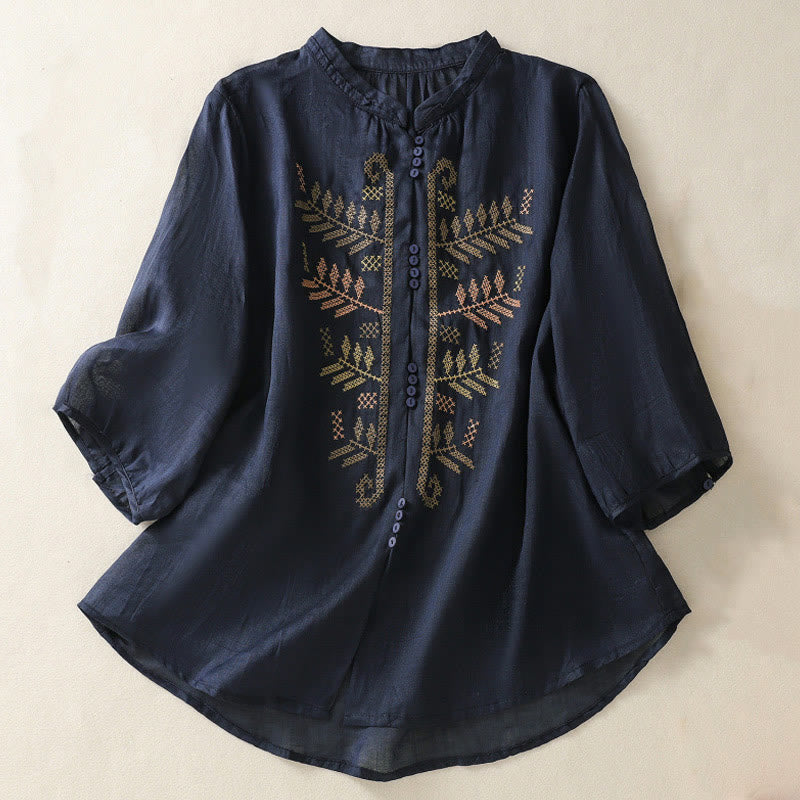 Buddha Stones Lässige künstlerische Stickerei Blättermuster Damen Baumwolle Leinen Dreiviertelärmel Hemd Strickjacke - Mitternachtsblau - US8-10， UK/AU12-14，EU40-42 (2XL) - image 8