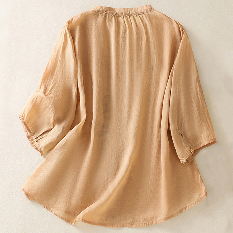 Buddha Stones Lässige künstlerische Stickerei Blättermuster Damen Baumwolle Leinen Dreiviertelärmel Hemd Strickjacke - image 1