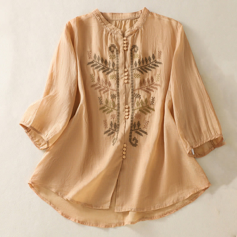 Buddha Stones Lässige künstlerische Stickerei Blättermuster Damen Baumwolle Leinen Dreiviertelärmel Hemd Strickjacke - Orange - US 8-10, UK/AU 12-14, EU 40-42 (2XL) - image 0