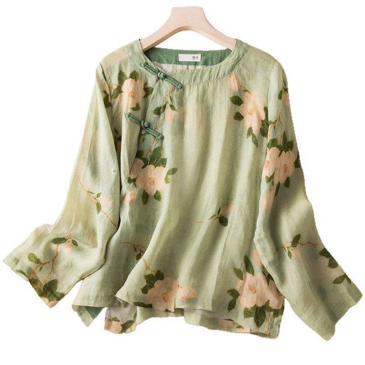 Buddha Stones Hellgrün Lässiger künstlerischer Druck Blumenmuster Chinesisches Froschknopf-Design Damen Langarmhemd aus Baumwolle und Leinen Strickjacke - image 17