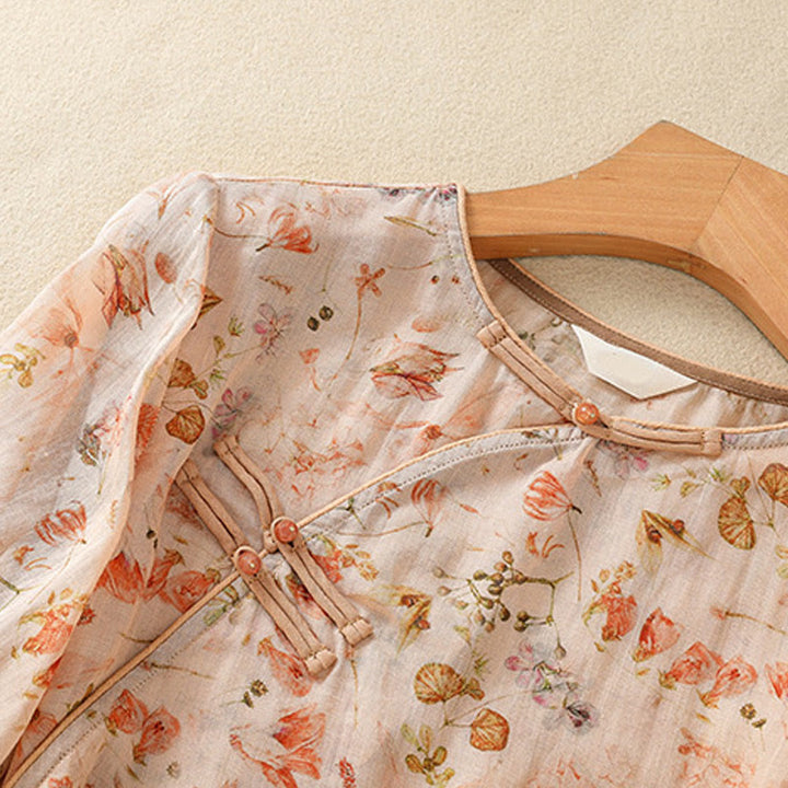 Buddha Stones Sommer Casual Printing Frosch-Knopf-Design Damen Langarmshirt aus Baumwolle und Leinen