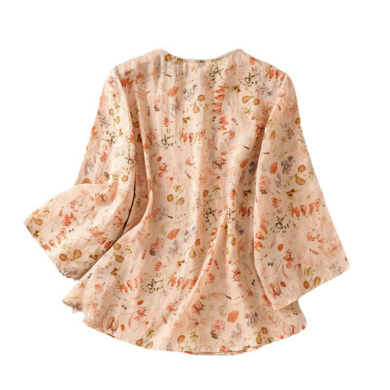 Buddha Stones Sommer Casual Printing Frosch-Knopf-Design Damen Langarmshirt aus Baumwolle und Leinen