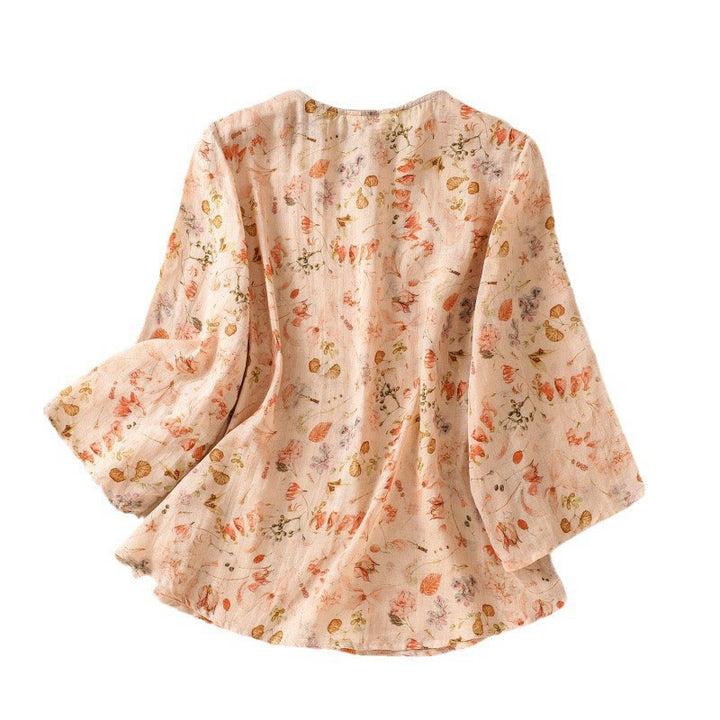 Buddha Stones Sommer Casual Printing Frosch-Knopf-Design Damen Langarmshirt aus Baumwolle und Leinen