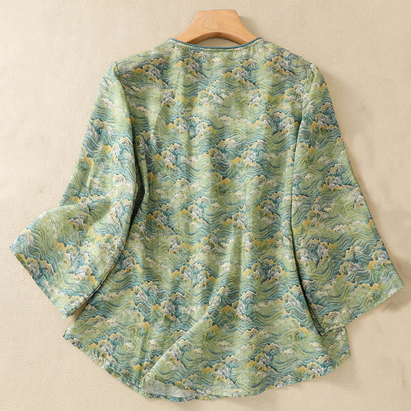 Buddha Stones Sommer Casual Printing Frosch-Knopf-Design Damen Langarmshirt aus Baumwolle und Leinen