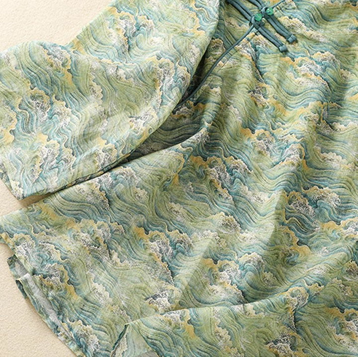 Buddha Stones Sommer Casual Printing Frosch-Knopf-Design Damen Langarmshirt aus Baumwolle und Leinen