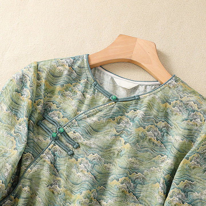 Buddha Stones Sommer Casual Printing Frosch-Knopf-Design Damen Langarmshirt aus Baumwolle und Leinen