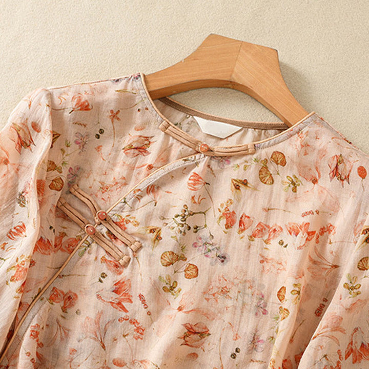 Buddha Stones Sommer Casual Printing Frosch-Knopf-Design Damen Langarmshirt aus Baumwolle und Leinen