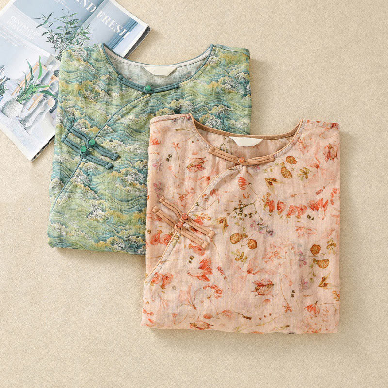 Buddha Stones Sommer Casual Printing Frosch-Knopf-Design Damen Langarmshirt aus Baumwolle und Leinen