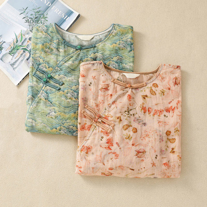 Buddha Stones Sommer Casual Printing Frosch-Knopf-Design Damen Langarmshirt aus Baumwolle und Leinen