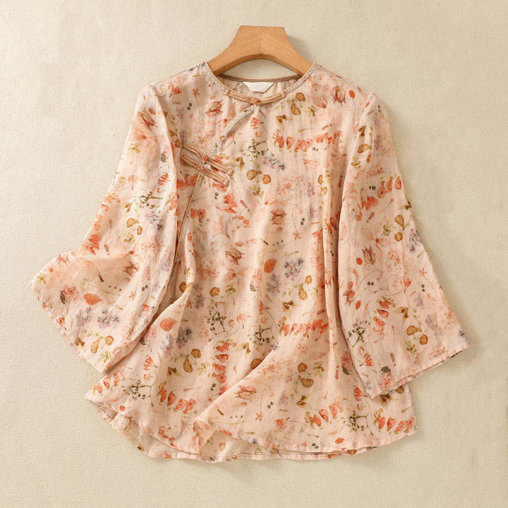 Buddha Stones Sommer Casual Printing Frosch-Knopf-Design Damen Langarmshirt aus Baumwolle und Leinen