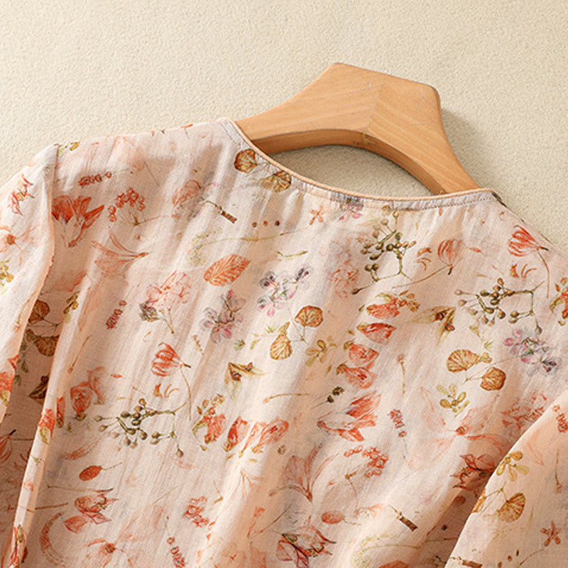 Buddha Stones Sommer Casual Printing Frosch-Knopf-Design Damen Langarmshirt aus Baumwolle und Leinen