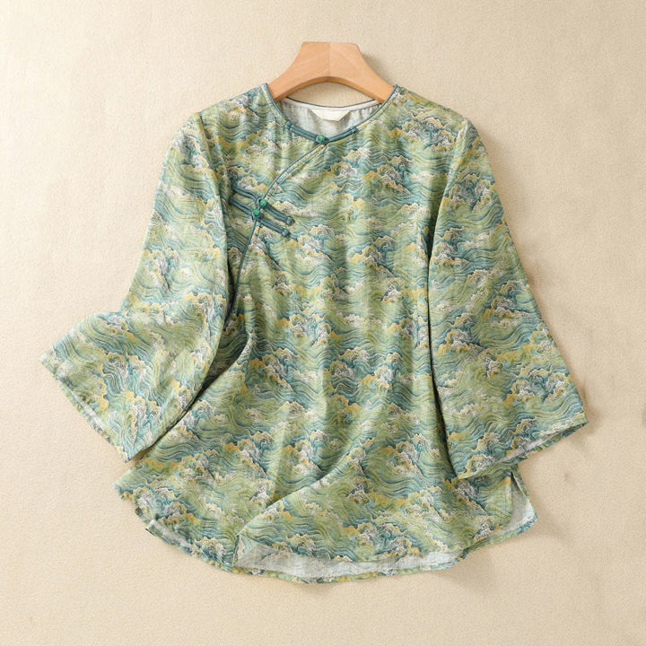 Buddha Stones Sommer Casual Printing Frosch-Knopf-Design Damen Langarmshirt aus Baumwolle und Leinen