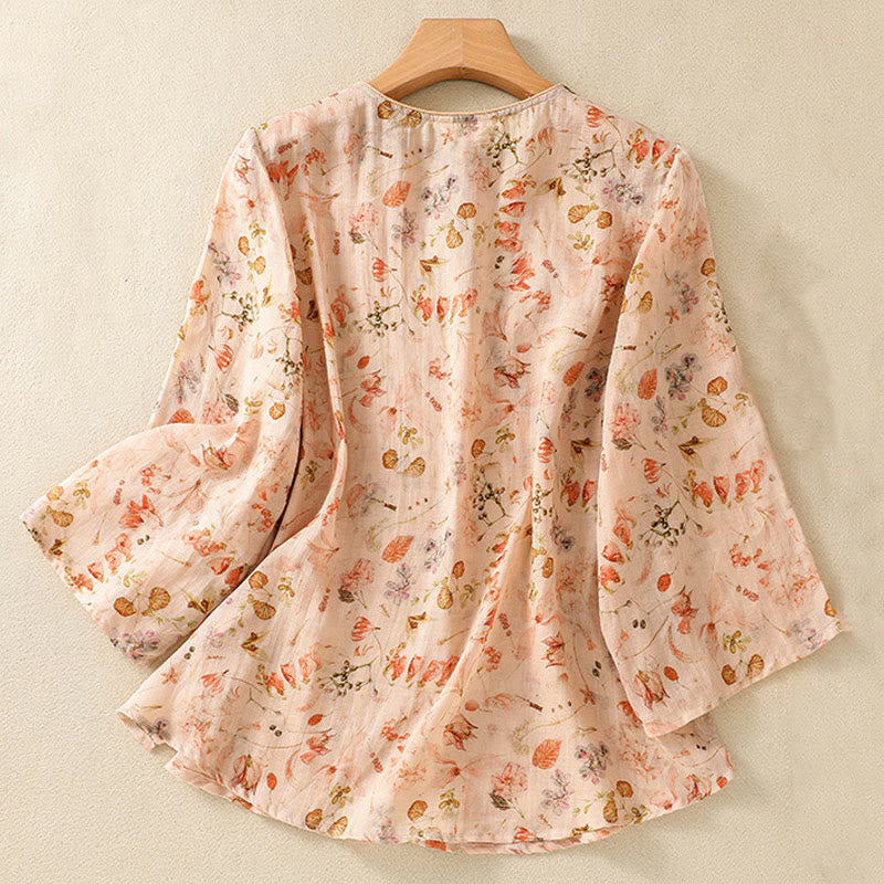 Buddha Stones Sommer Casual Printing Frosch-Knopf-Design Damen Langarmshirt aus Baumwolle und Leinen