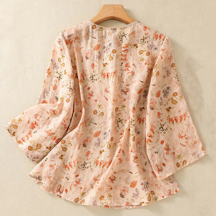 Buddha Stones Sommer Casual Printing Frosch-Knopf-Design Damen Langarmshirt aus Baumwolle und Leinen